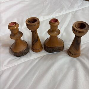 Vintage set of 4 Small Carved Rustic Wood Candlestick Candle Holders – 4 inches